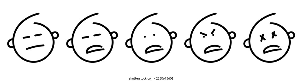 Set of outline emoticons doodle sad face icon. Black line emoji on white isolated background. Vector illustration symbol collection.