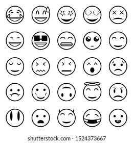 Set of outline emoticons, emoji. Emoji faces emoticon funny smile line black icons expression smiley facial people humor mood