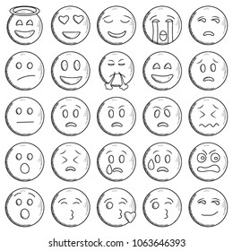 Set of outline emoticons, emoji isolated on white background, vector illustration.