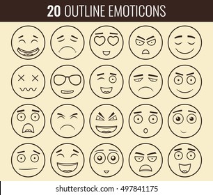 Set of outline emoticons, emoji isolated on white background. Emoticon for web site, chat, sms. Vector illustration