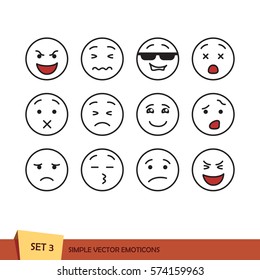 Set of outline emoticons. Isolated vector illustration on white background. Simple emoji