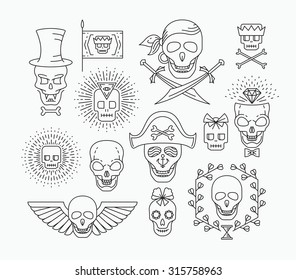 Set of outline empty skulls. Line hipster collection. 