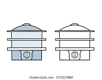 Set of outline empty steamer. Contour illustration of kitchen utensils. Healthy steamed food. Line art vector illustration for menus, recipes and your creativity.