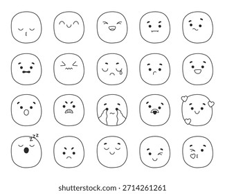 Conjunto de caras de contorno con varias expresiones. Salud mental, emoción, concepto de sentimiento. Estilo Doodle. Ilustración vectorial aislada