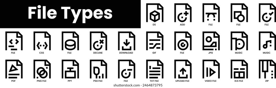 Set of outline file types icons. Minimalist thin linear web icon set. vector illustration.