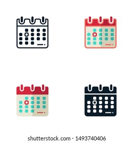 Set of outline, filled outline, flat, and glyph calendar icon. Editable stroke icons suitable for web, infographics, interface and apps.