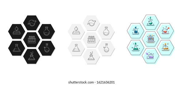 set of outline filled icons - laboratory flasks, measuring cup and test tubes for diagnosis, analysis, scientific experiment. Chemical lab and equipment. Isolated vector objects or signs in line style