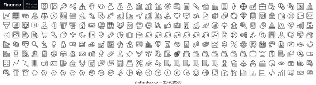 Set of outline Finance icons. Editable stroke thin line icons bundle. Vector illustration