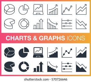 Set of outline and flat charts and graphs icons. 
Pixel perfect trendy icons for mobile apps and web design. Editable stroke.