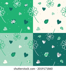 Set of Outline Flat Cute Minimal Lady Bug CLover Leaf Vector Pattern Design White Dark Green Background Editable Stroke. Cartoon Illustration Cloth, Mat, Fabric pattern, Textile, Scarf, Wrapping Paper