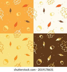 Set of Outline Flat Cute Minimal Acorn and Oak Leaf Vector Pattern Design White Yellow Orange Brown Background Editable Stroke. Cartoon Illustration Cloth, Mat, Fabric, Textile, Scarf, Wrapping Paper.