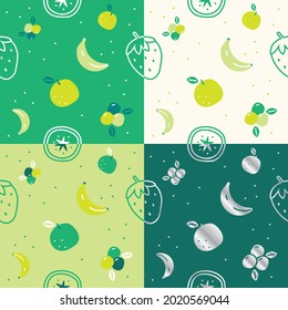 Juego de Contorno Mezcla plana Mezcla de fruta Fresa Azul Berry Kiwi Modelo de vectores Bananero Naranja Diseño Trazo editable Fondo Verde Oscuro. Ilustración de dibujos animados, tela, estropajo, textil, papel envuelto