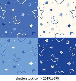 Set of Outline Flat Cute Night Sky Minimal Heart Moon Star Sparkle Vector Pattern Design White Blue Navy Background Editable Stroke. Cartoon Illustration Cloth, Mat, Fabric, Textile, Wrapping Paper.