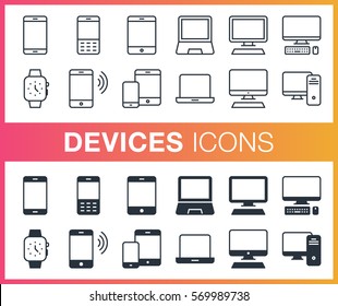 Set of outline and flat devices icons. 
Pixel perfect trendy icons for mobile apps and web design. Editable stroke.