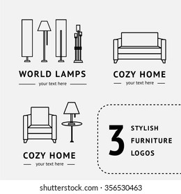 Set of outline flat furniture and lamps logo