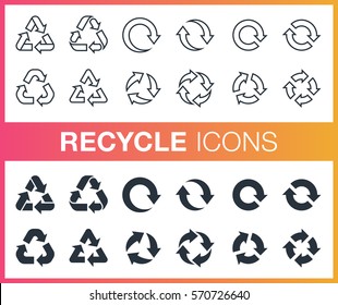 Set of outline and flat recycle icons. 
Pixel perfect trendy icons for mobile apps and web design. Editable stroke.