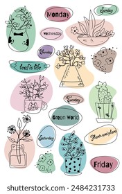 set of outline flat simple plants on the colorful backgrounds for stickers, backgrounds, highlights, cards, logo, icons. The digital illustrations with set of house flowers