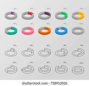 Set of outline and flat style isometric circle charts