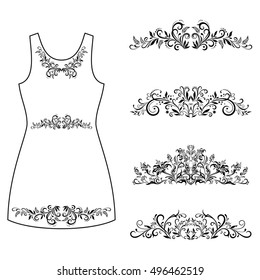 Set Outline Floral Patterns, Symbolical Flowers and Butterflies Black Contours Isolated on White Background, Element for Design, Prints and Banners, For the Example Presented in a Female Dress. Vector
