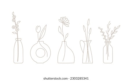 Flores de contorno, ramas en jarrones de cerámica. Ilustración vectorial de Bouquet para tarjeta, historia, web, banner.