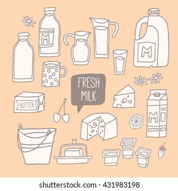 Set of outline food: dairy products - milk, yogurt, cheese, butter, milkshake. Vector illustration, isolated on white. Vector hand drawn eps 10 clip art illustration isolated on cream background.