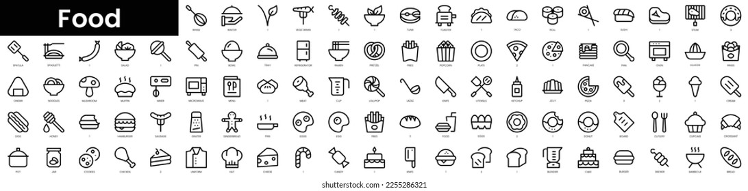 Conjunto de iconos de los alimentos del contorno. Conjunto de iconos de la web lineal delgada y minimalista. ilustración vectorial.