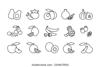 Indique los iconos de los alimentos del contorno. Ilustraciones vectoriales de frutas y bayas en estilo de arte lineal. Concepto de nutrición adecuada y alimentación sana. Iconos vegetarianos de comida vegetariana lineales para aplicaciones web y móviles.