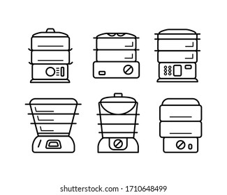 Set of outline food steamer icons. Line style. Kitchen appliance double boiler isolated on white background. Vector illustration.