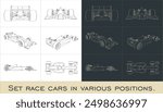 Set Outline of a Formula 1 race car from various angles. Vector blueprint isolated on a transparent background
