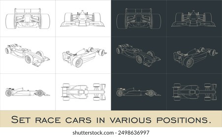 Set Outline of a Formula 1 race car from various angles. Vector blueprint isolated on a transparent background
