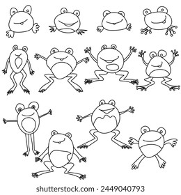 Set of outline frogs in doodle style, cute characters for design or creation of coloring pages vector illustration