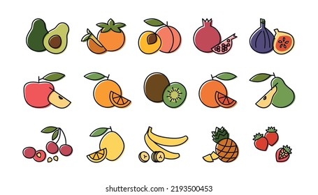 Set outline fruit icons. Vector illustrations of fruits and berries in color line art style. Concept of proper nutrition and healthy food. Colorful vegetarian vegan food icons for site or mobile app