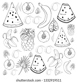 Set of outline fruit icons. Watermelon pieces, peach, apricon, banana, pineapple and leaves. Hand drawn style. Isolated design elements.Vector illustration.