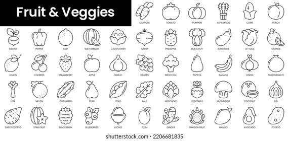 Set Of Outline Fruit And Veggies Icons. Minimalist Thin Linear Web Icon Set. Vector Illustration.