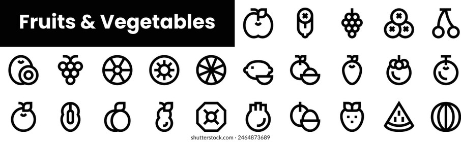 Set of outline fruits and vegetables icons. Minimalist thin linear web icon set. vector illustration.