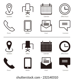 Set of outline and full black contact icons for location, address, office hours, email, phone isolated on white