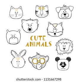 Set of outline funny animals faces isolated on white background. Vector illustration, ideal for design of  kids greeting cards and invitations.