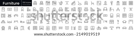 Set of outline furniture icons. Editable stroke thin line icons bundle. Vector illustration