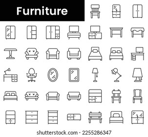 Set of outline furniture icons. Minimalist thin linear web icon set. vector illustration.