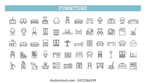 Conjunto de iconos de muebles de contorno. Ilustración vectorial