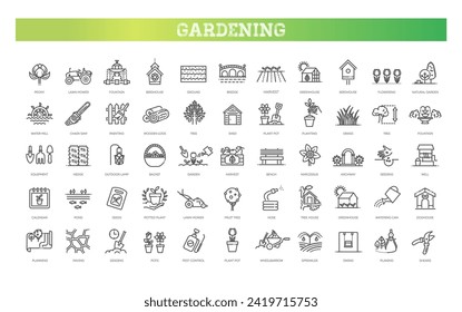 Set of outline gardening and landscaping icons