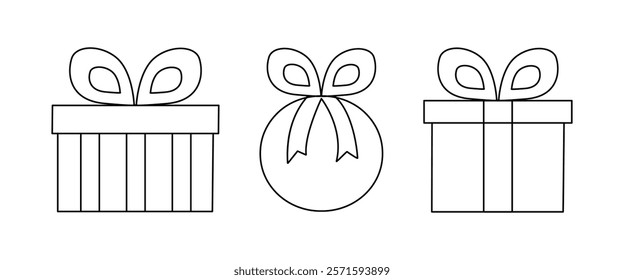 Set of Outline Gifts. Coloring of festive Boxes. Contour Present wrapped with Ribbon and Bow. Collection of festive round and square Surprise. Striped box. Simple forms. Icons. Vector illustration