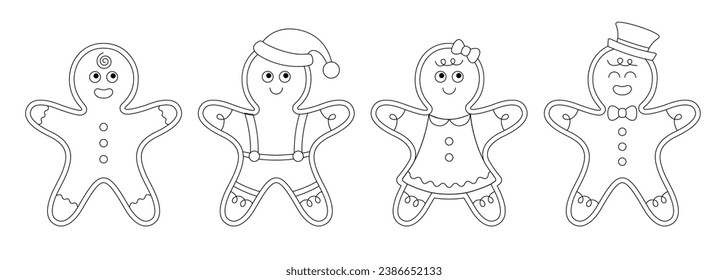 Set of of outline gingerbread man and woman cookie. Holiday biscuit, traditional Christmas dessert. Vector illustration