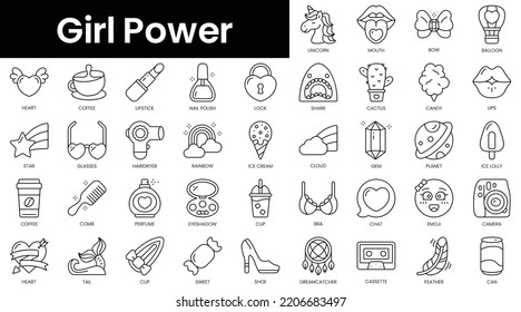 Set of outline girl power icons. Minimalist thin linear web icon set. vector illustration.