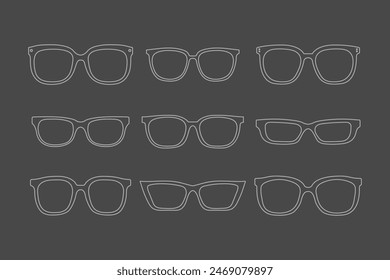 Set of outline glasses icons of different shapes and sizes. isolated dark background