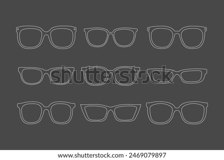Set of outline glasses icons of different shapes and sizes. isolated dark background