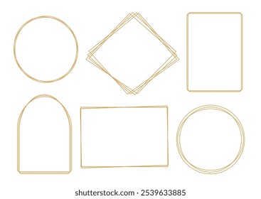 Conjunto de quadros de ouro contorno em fundo branco. Redondo, retângulo, arco elementos decorativos para convite de casamento, grande abertura, cartão de saudação, certificado. Ilustração vetorial