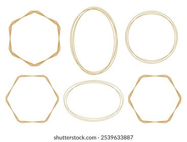 Conjunto de quadros de ouro contorno em fundo branco. Hexágono, redondo, elipse elementos decorativos para convite de casamento, grande abertura, cartão de saudação, certificado. Ilustração vetorial