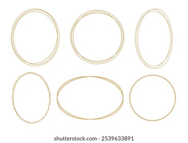 Conjunto de quadros de ouro contorno em fundo branco. Rodada, elementos decorativos elipse para convite de casamento, grande abertura, cartão de saudação, certificado. Ilustração vetorial