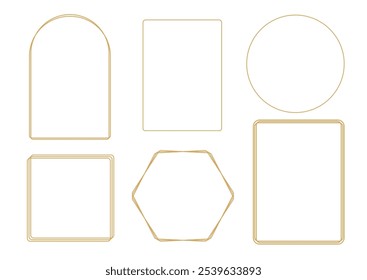 Conjunto de quadros de ouro contorno em fundo branco. Hexágono, redondo, quadrado, retângulo, arco elementos decorativos para convite de casamento, grande abertura, cartão de saudação, certificado. Ilustração vetorial